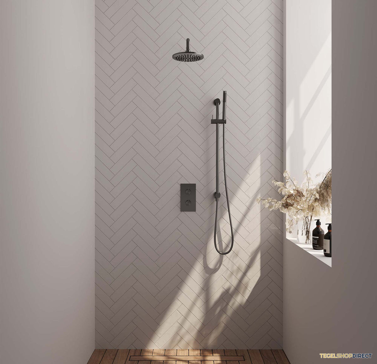 Regendoucheset Inbouw Brauer Gunmetal Edition Thermostatisch 20cm met 3-Weg Omstelling, Gebogen Wandarm, Glijstang en Staaf Handdouche Geborsteld Gunmetal – afbeelding 2