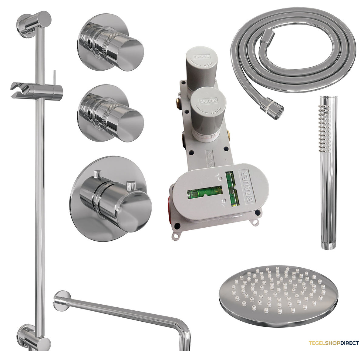 Regendoucheset Inbouw Brauer Chrome Edition Thermostatisch 20cm met Gebogen Wandarm, Glijstang en Handdouche Staaf Losse Stopkranen Chroom – afbeelding 2