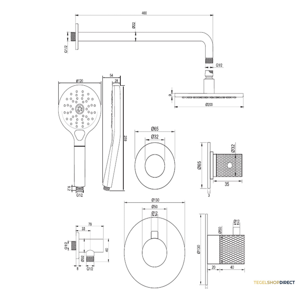 Regendoucheset Inbouw Brauer Brushed Carving Thermostatisch 20cm met Gebogen Wandarm en Handdouche 3-Standen Losse Stopkranen Geborsteld RVS – afbeelding 12