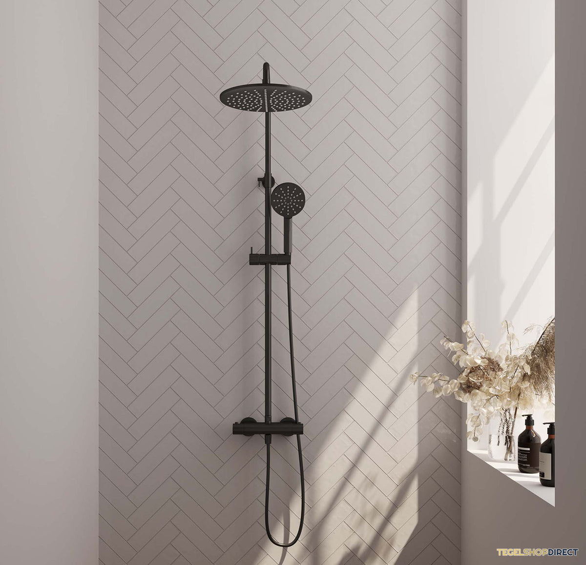Regendouche Brauer Black Showerpipe met Thermostaat 30cm 3 Standen Mat Zwart