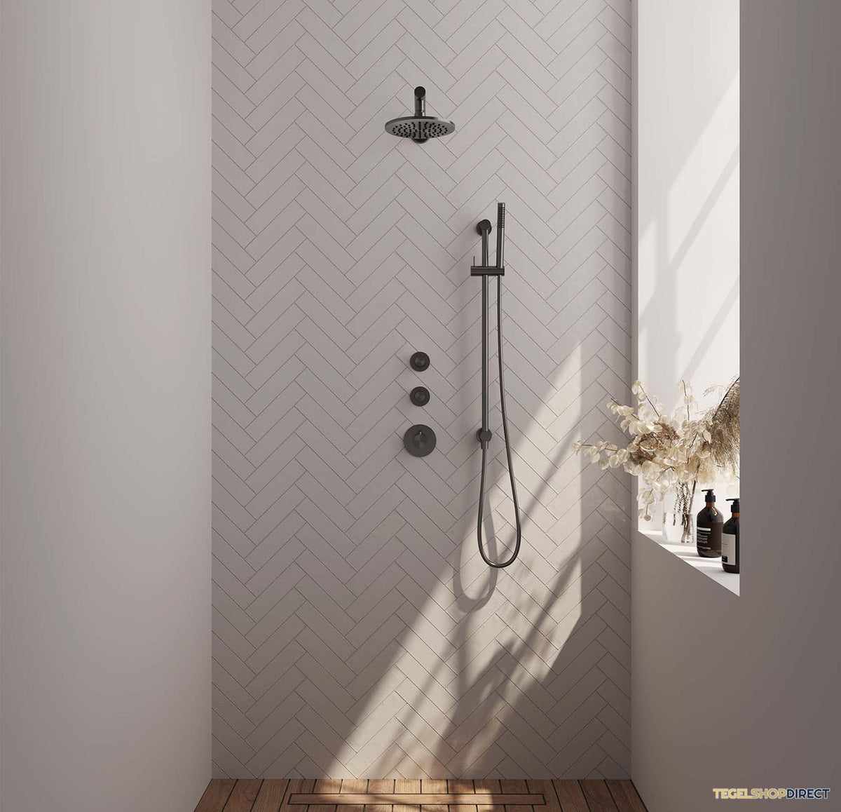 Regendoucheset Inbouw Brauer Gunmetal Carving Thermostatisch 20cm met Wandarm, Glijstang en Handdouche Staaf Losse Stopkranen Geborsteld Gunmetal – afbeelding 2