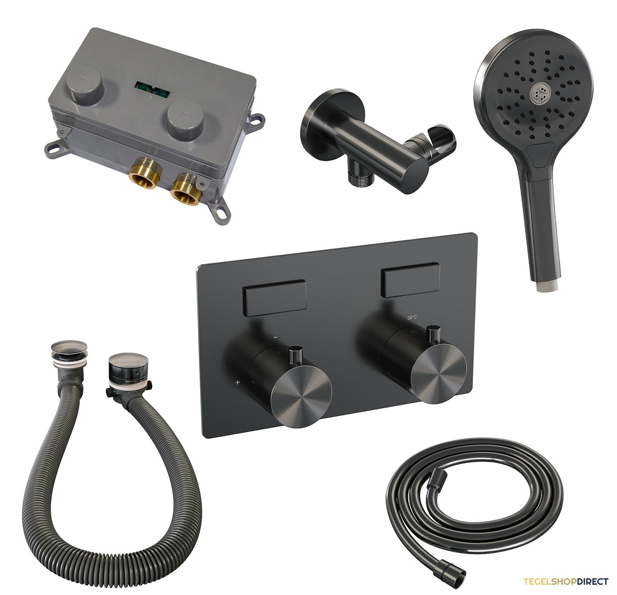 Inbouwthermostaat set Brauer Gunmetal Edition Met Drukknoppen Incl Baduitloop en Afvoer Gunmetal (Keuze Handdouche) – afbeelding 6