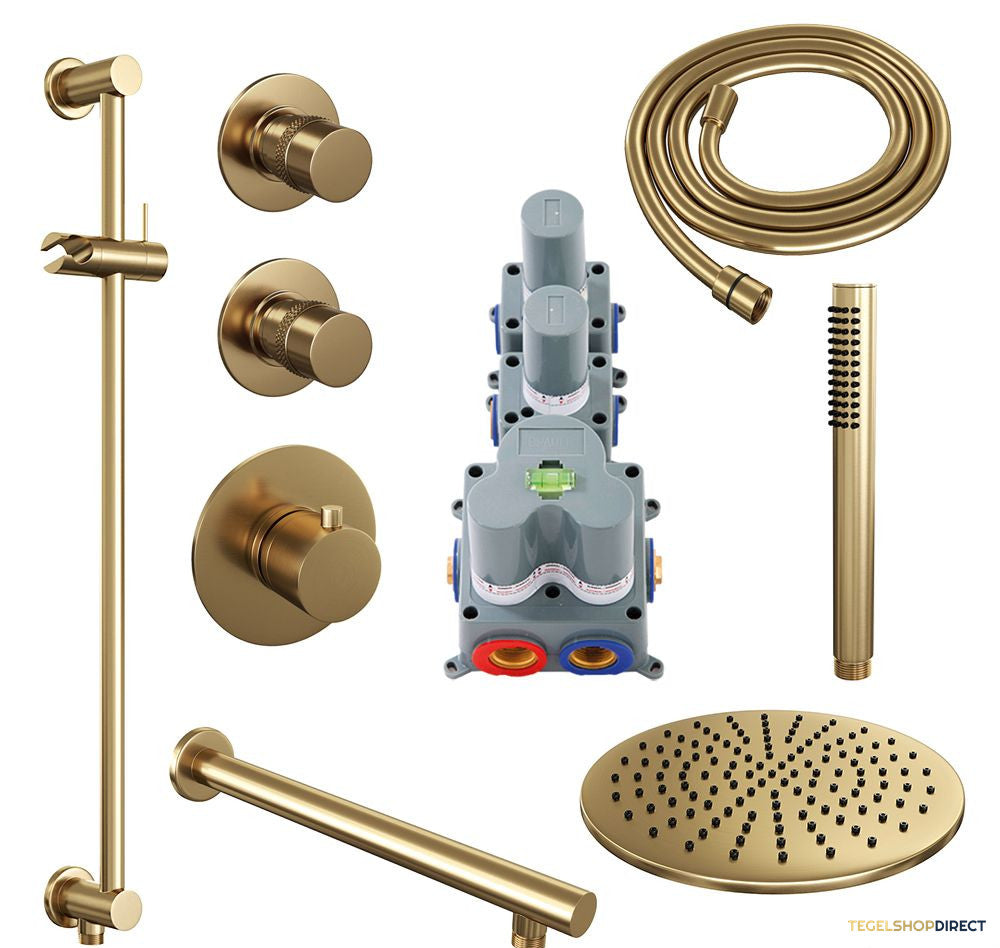 Regendoucheset Inbouw Brauer Gold Edition Thermostatisch 30cm met Wandarm, Glijstang en Handdouche Staaf Losse Stopkranen Geborsteld Goud – afbeelding 2