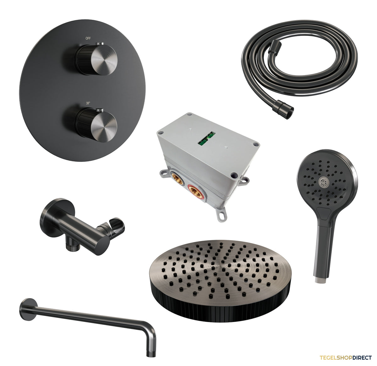 Brauer Stripe thermostatische inbouw regendouche 3-weg rond SET 41 met 25 cm douchekop en gebogen muurarm en 3-standen handdouche en doucheslang en wandaansluitbocht gunmetal geborsteld PVD – afbeelding 3