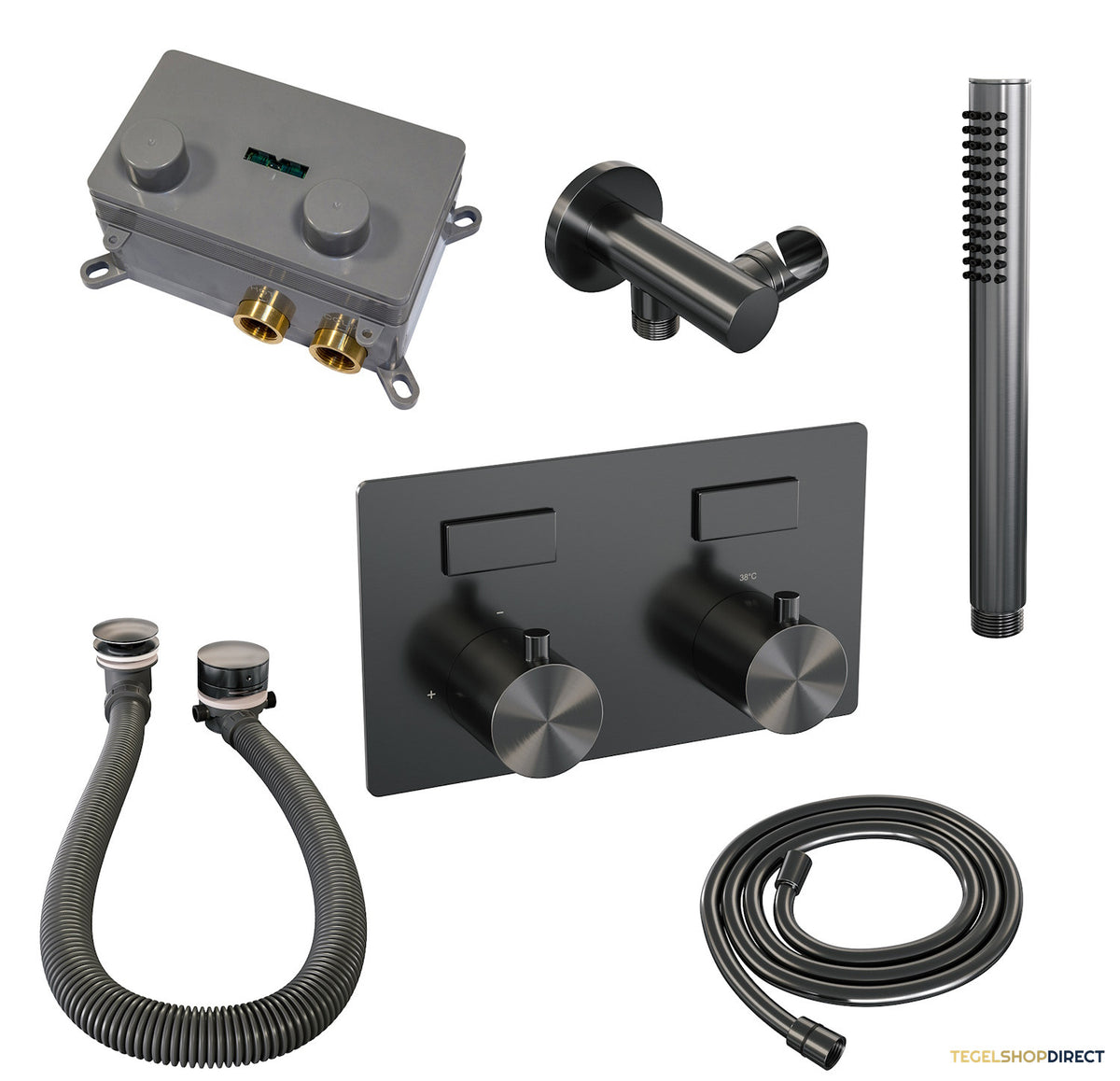 Inbouwthermostaat set Brauer Gunmetal Edition Met Drukknoppen Incl Baduitloop en Afvoer Gunmetal (Keuze Handdouche) – afbeelding 5