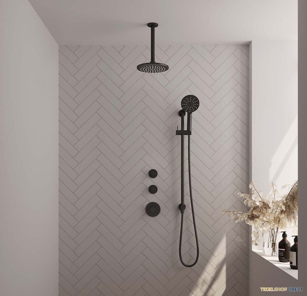 Regendoucheset Inbouw Brauer Black Carving Thermostatisch 20cm met Plafondarm, Glijstang en Handdouche 3-Standen Losse Stopkranen Mat Zwart