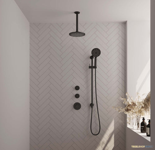 Regendoucheset Inbouw Brauer Black Carving Thermostatisch 20cm met Plafondarm, Glijstang en Handdouche 3-Standen Losse Stopkranen Mat Zwart