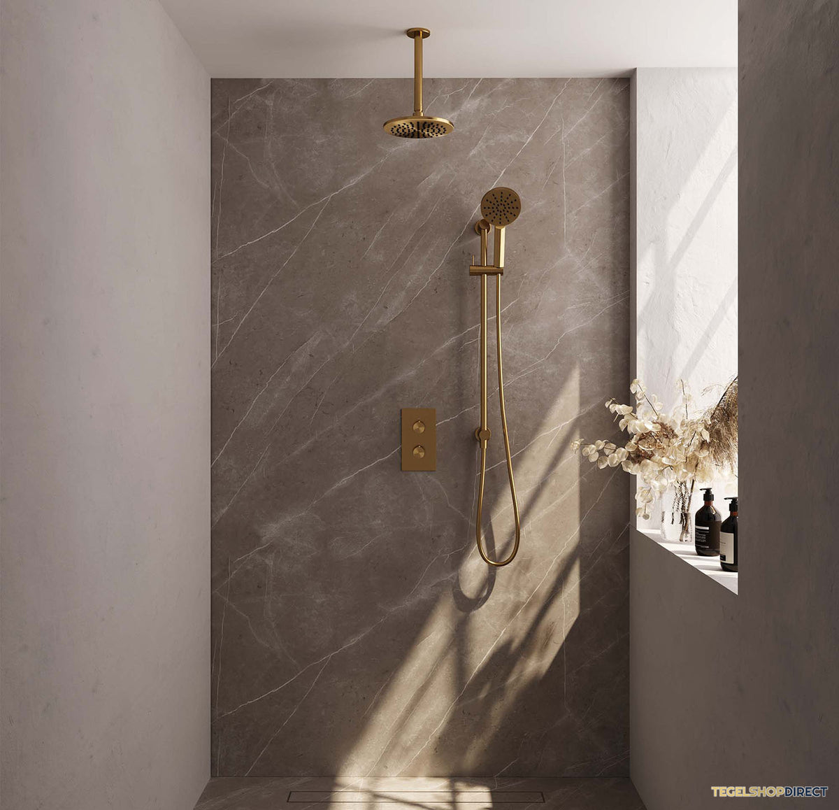 Regendoucheset Inbouw Brauer Gold Carving Thermostatisch 20cm met 3-Weg Omstelling, Plafondarm, Glijstang en Handdouche 3-Standen Geborsteld Goud – afbeelding 2