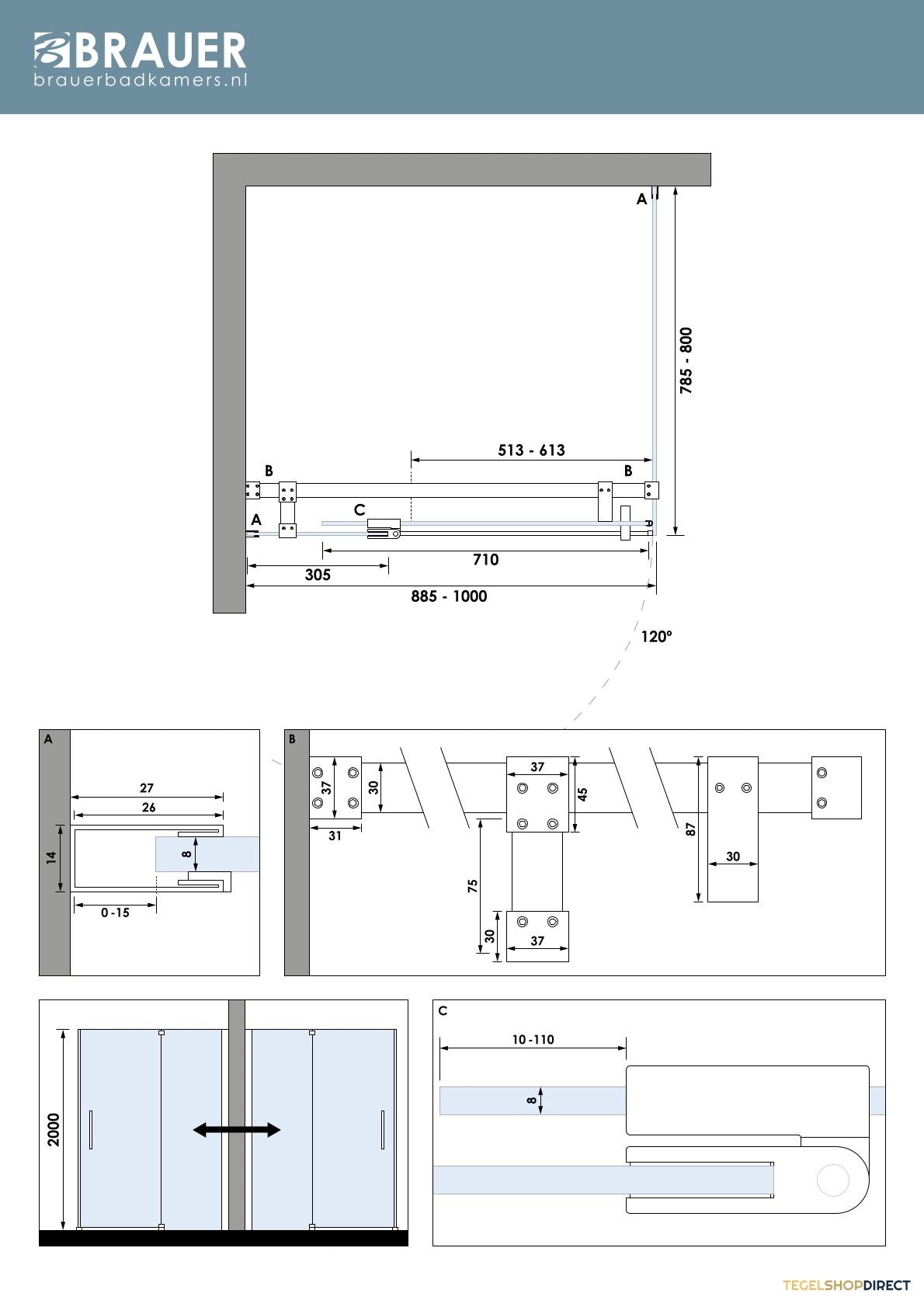 BRAUER Stellar douchecabine met draaideur helder glas 100x80x200 omkeerbaar incl. glascoating chroom – afbeelding 7