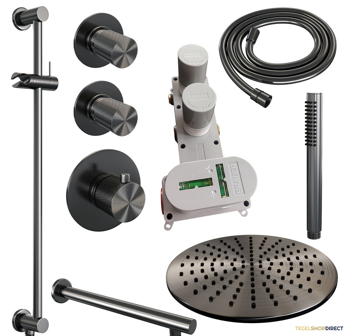Regendoucheset Inbouw Brauer Gunmetal Carving Thermostatisch 30cm met Wandarm, Glijstang en Handdouche Staaf Losse Stopkranen Geborsteld Gunmetal – afbeelding 4