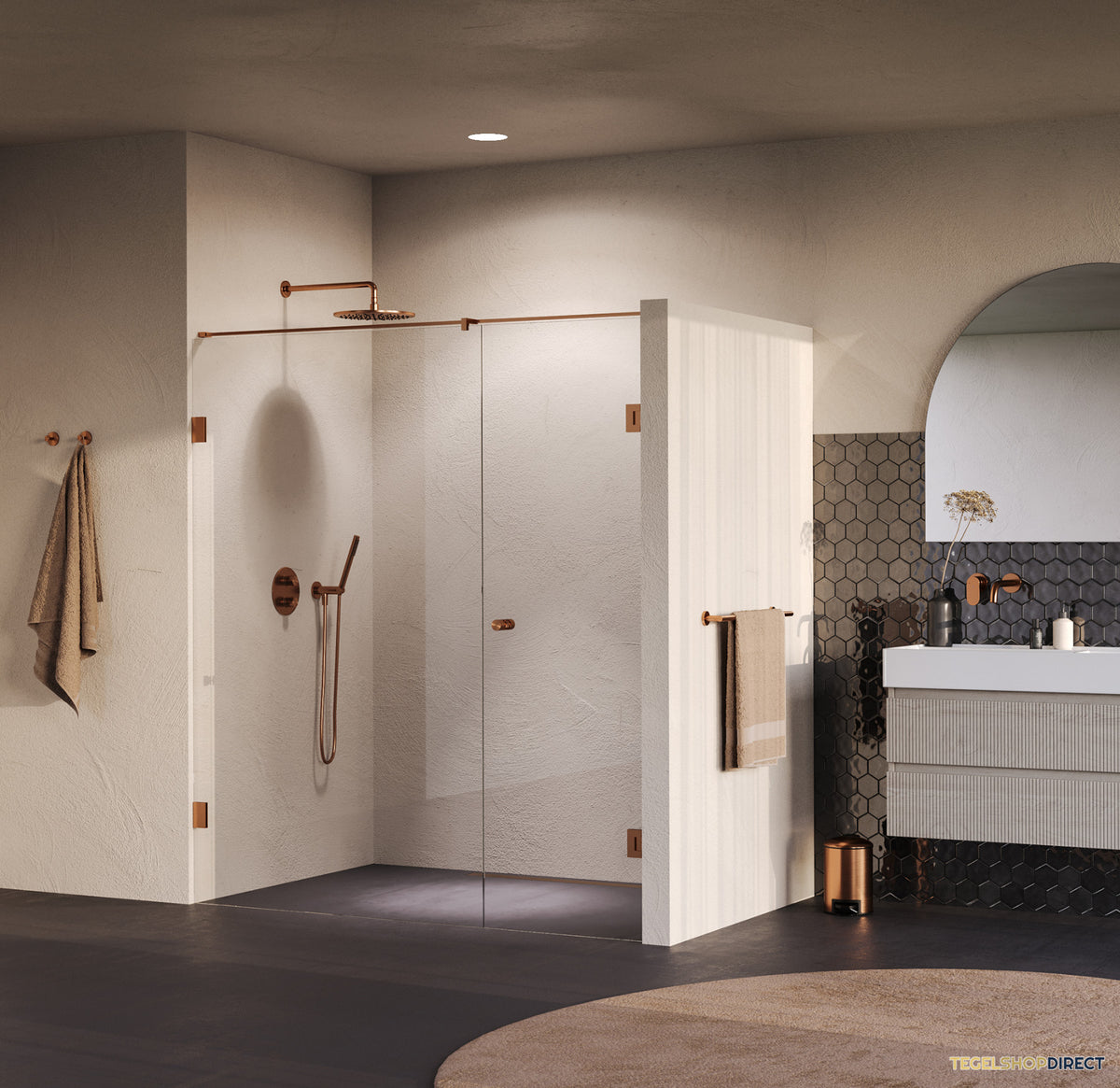 BRAUER Void Carving nisdeur 2-delig helder glas 180x200 omkeerbaar met draaideur 70 aan muur incl. glascoating PVD koper geborsteld – afbeelding 2