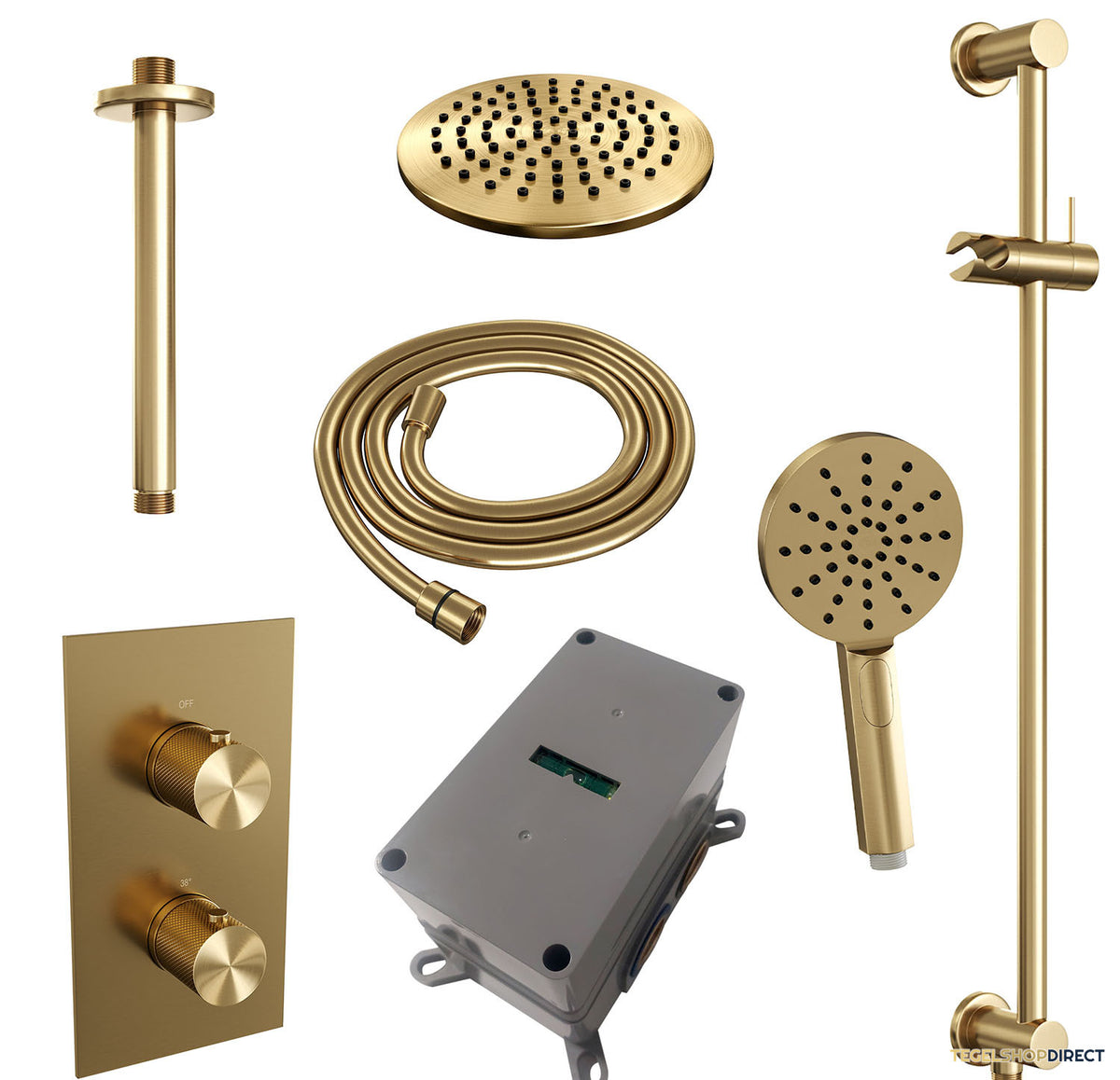 Regendoucheset Inbouw Brauer Gold Carving Thermostatisch 20cm met 3-Weg Omstelling, Plafondarm, Glijstang en Handdouche 3-Standen Geborsteld Goud – afbeelding 4