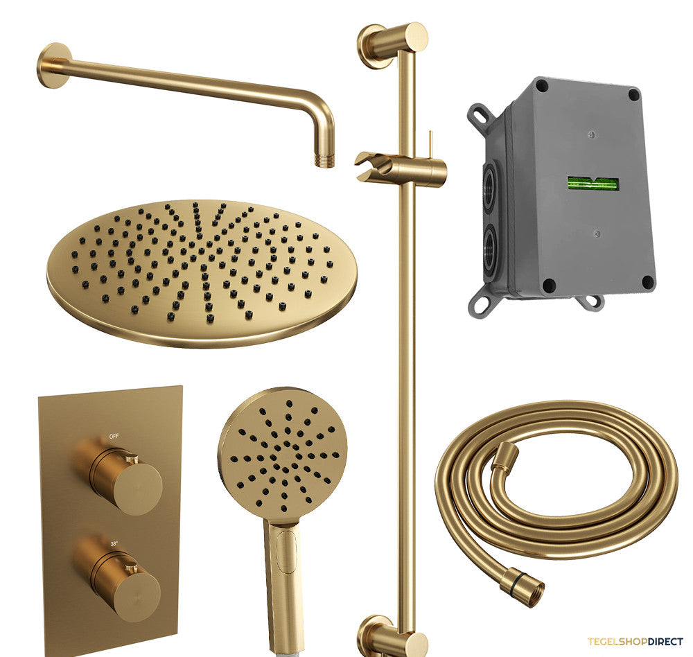 Regendoucheset Inbouw Brauer Gold Edition Thermostatisch 30cm met 3-Weg Omstelling, Gebogen Wandarm, Glijstang en 3-Standen Handdouche Geborsteld Goud – afbeelding 2