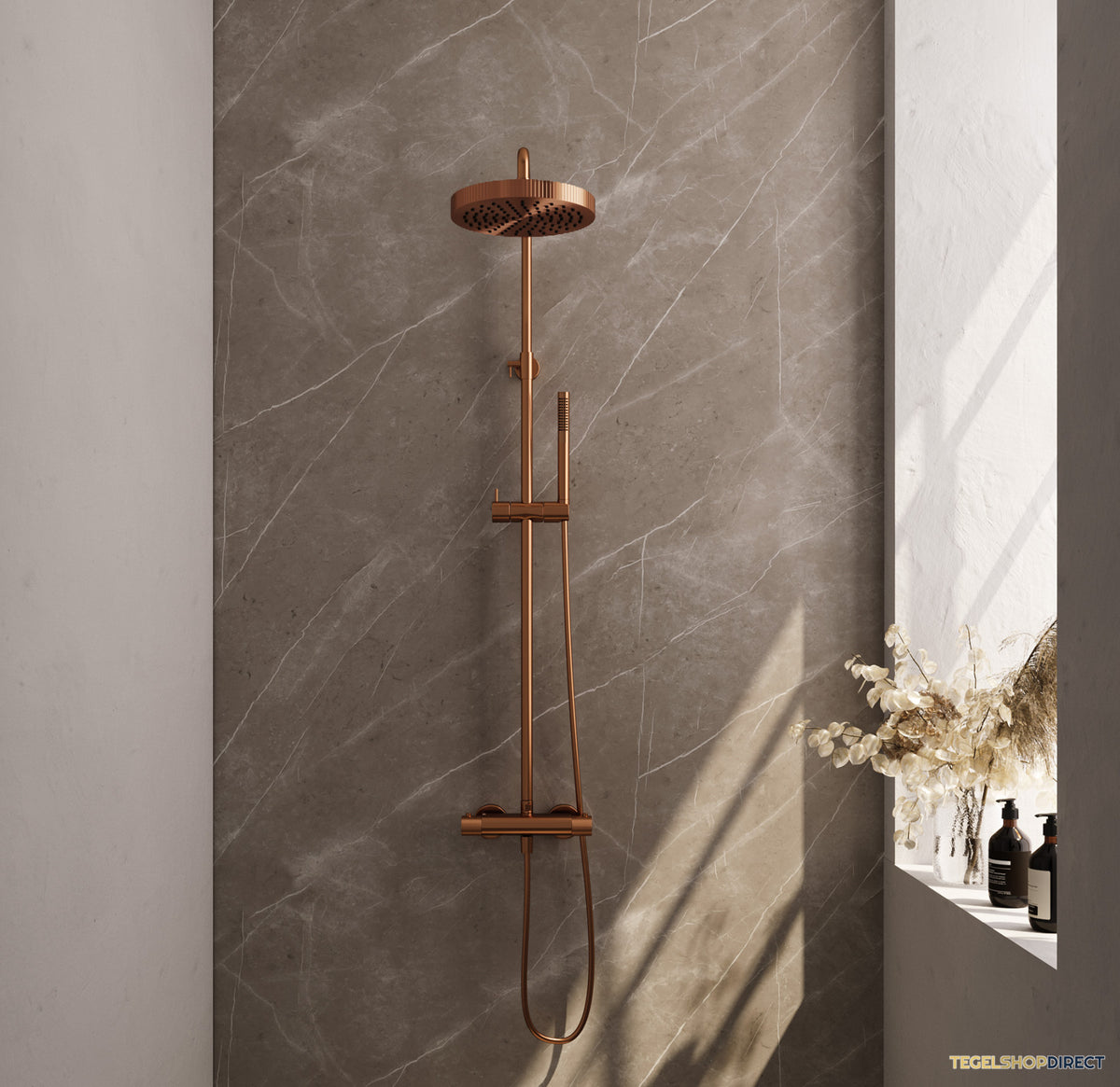 Brauer Stripe opbouw thermostatische regendouche SET 01 met 25 cm hoofddouche en staaf handdouche en doucheslang koper geborsteld PVD